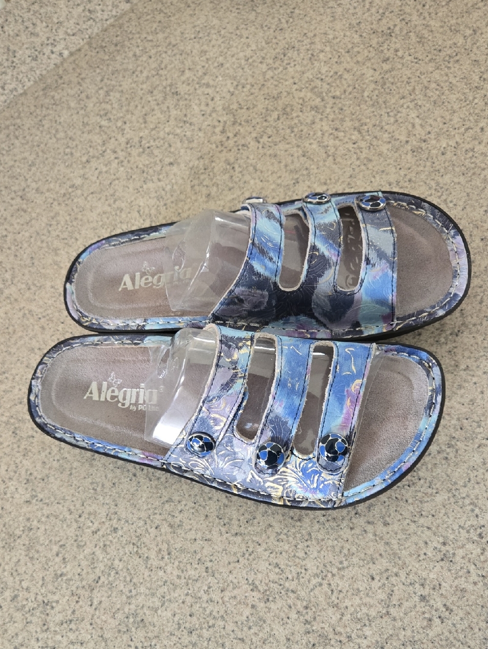 Alegria Iridescent Blue Slide Sandals for Women. Size 38 (8-8.5). NEW!